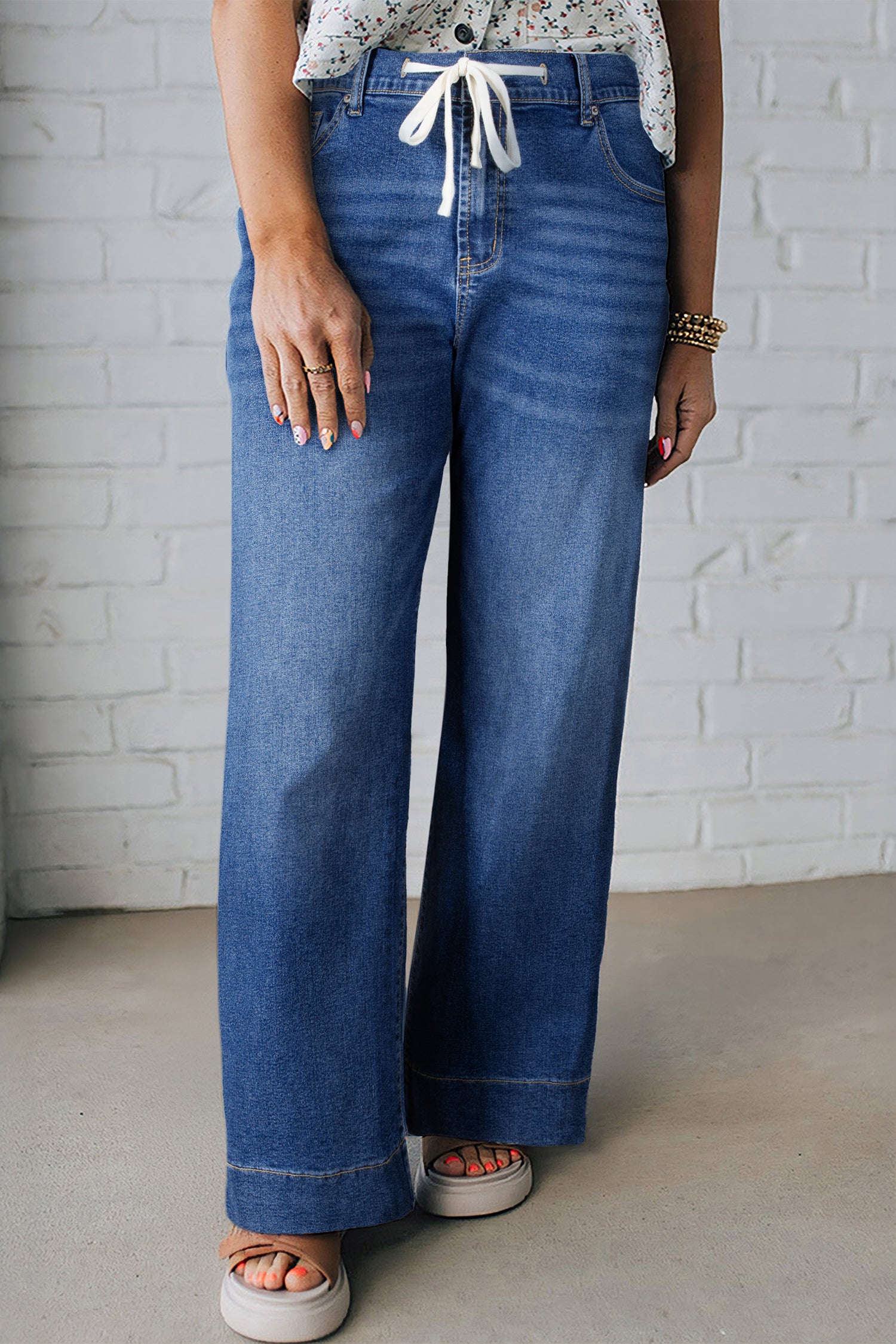 Jean Grande Taille Wide Leg à Lacets Contrastés