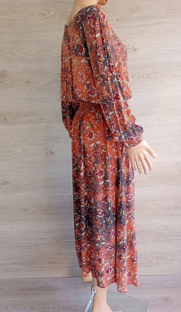 Robe longue manches longues - fleurie - Monoprix - 42 - Orange - Très bon état