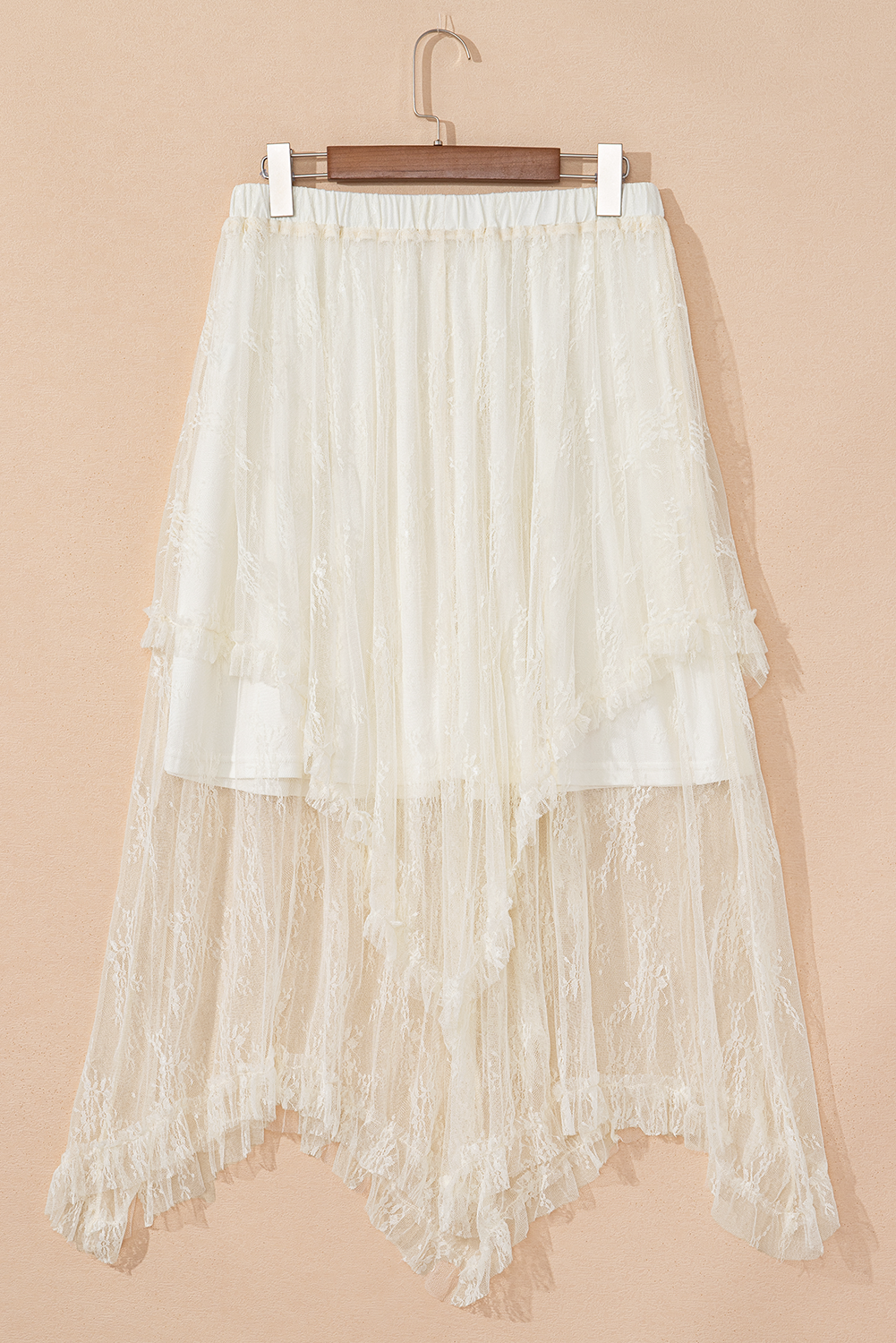Jupe Longue Beige en Dentelle à Volants — Taille Haute