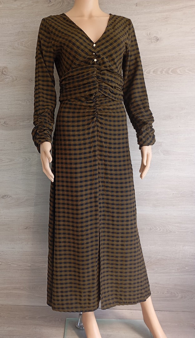Robe longue manches longues Zara - S - kaki - Très bon état - à carreaux