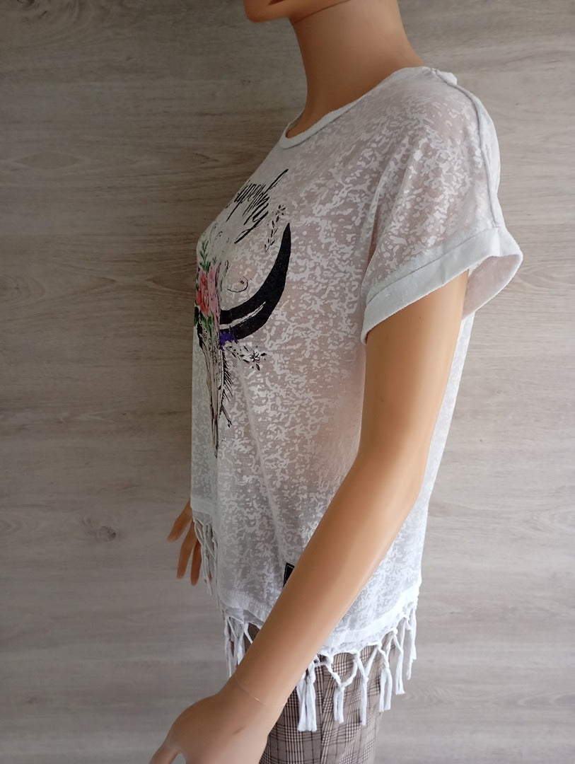 T-shirt blanc à franges & imprimé bohème — Superdry — Taille S — Très bon état