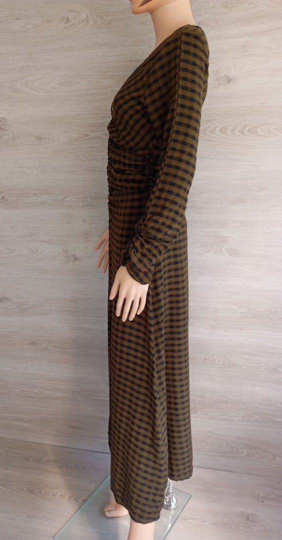 Robe longue manches longues Zara - S - kaki - Très bon état - à carreaux