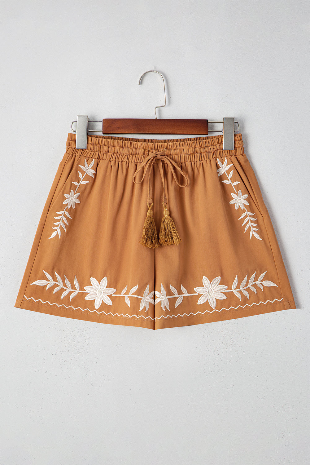 Short Kaki Brodé à Pompons et Taille Élastique