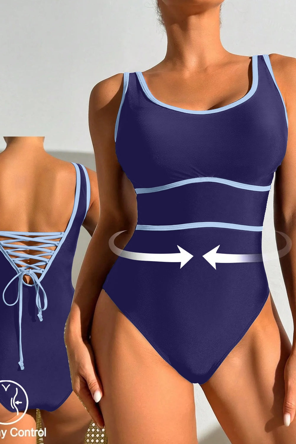 Maillot de bain une pièce bleu marine — Liseré contrastant & dos lacé