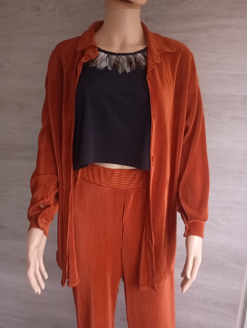 Ensemble fin fluide - chemise pantalon - Pronto Moda - Taille unique - marron orangé