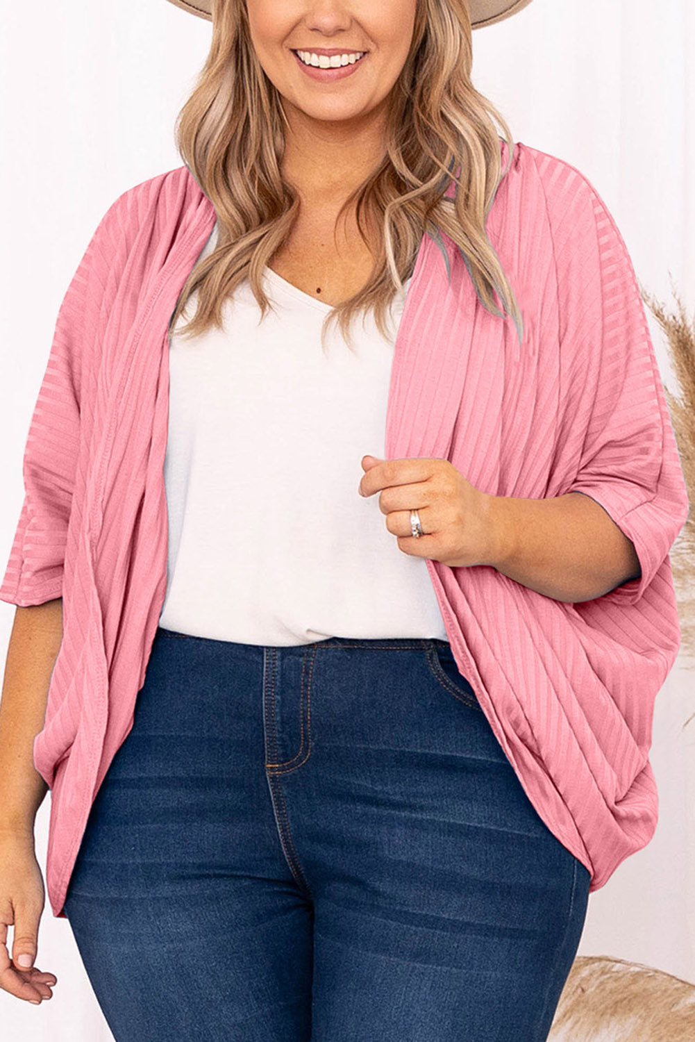 Gilet ouvert côtelé Grande Taille — Rose