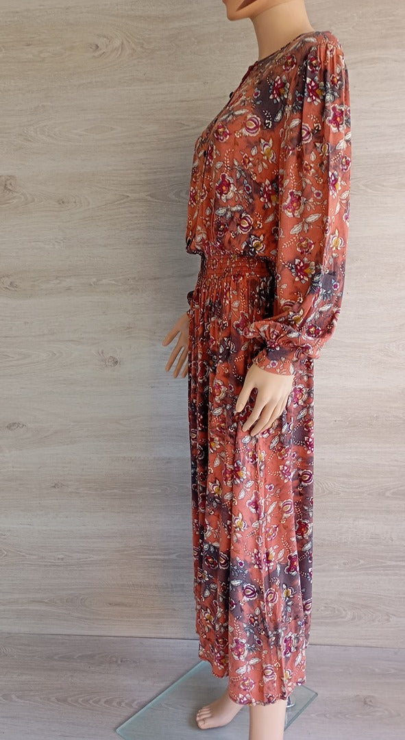 Robe longue manches longues - fleurie - Monoprix - 42 - Orange - Très bon état