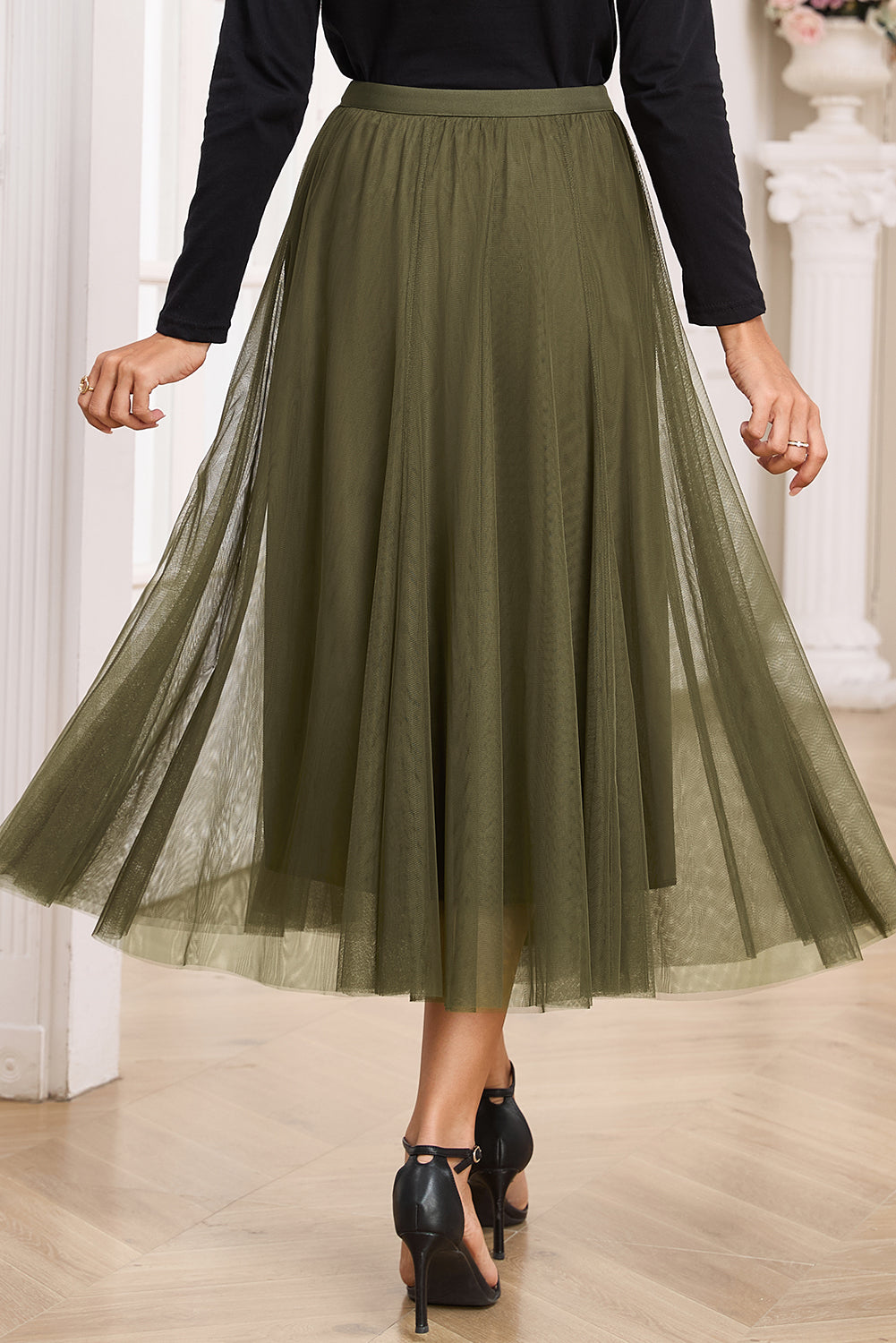Jupe midi en tulle — Superposition de maille évasée & taille haute