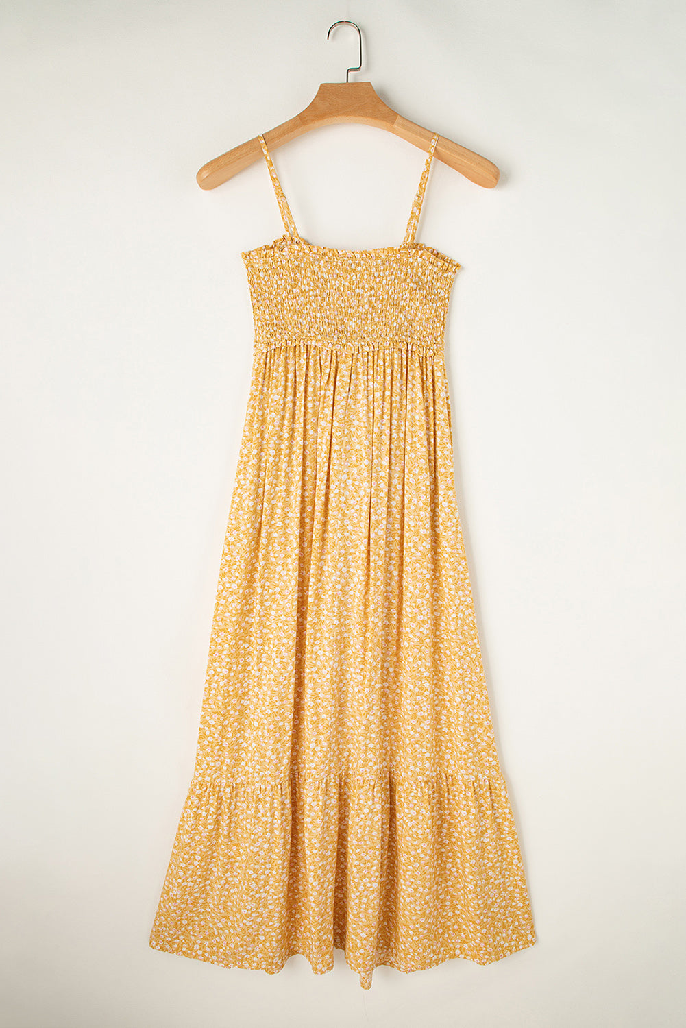 Robe longue jaune à volants & smocks — Imprimé floral bohème