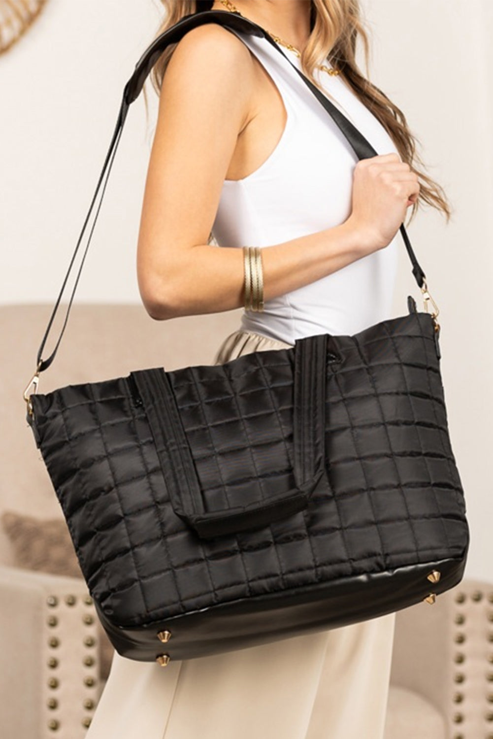 Ensemble 2 Pièces – Grand Cabas Matelassé Noir & Pochette Assortie