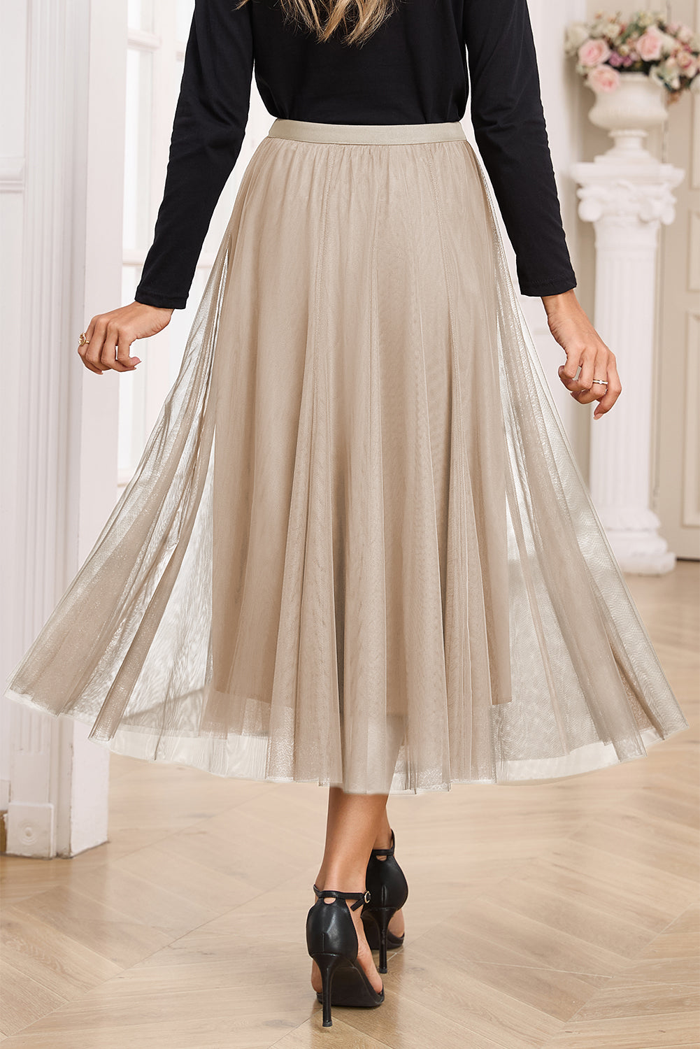 Jupe midi en tulle — Superposition de maille évasée & taille haute