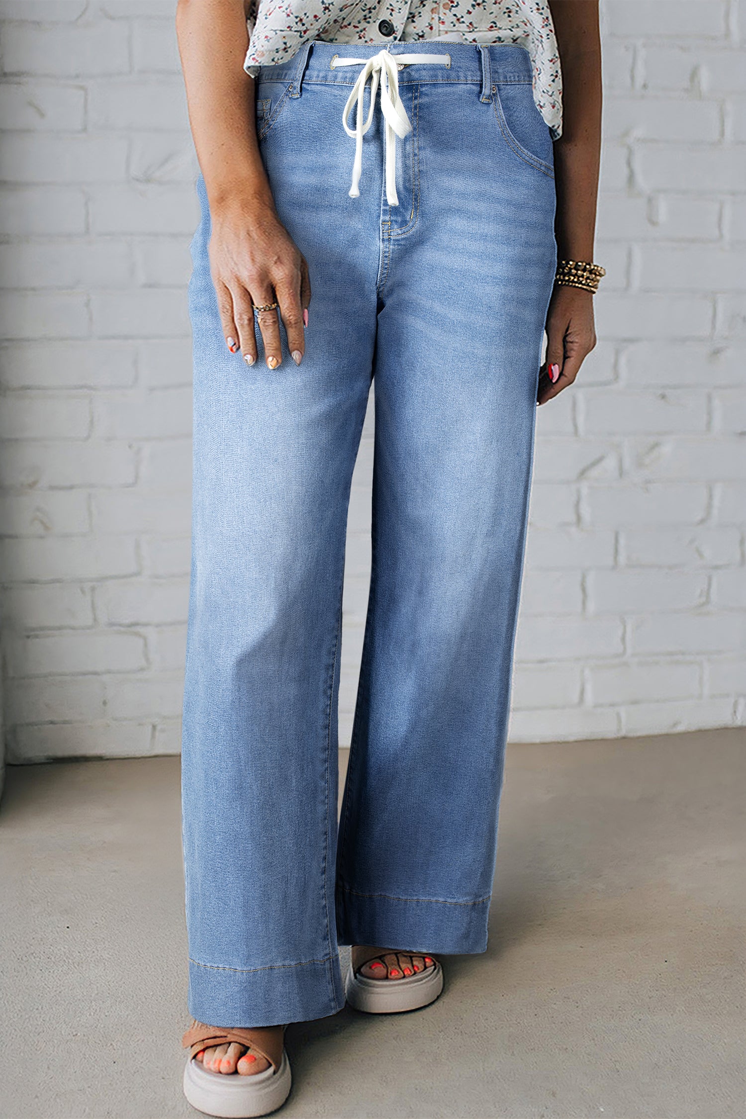 Jean Grande Taille Wide Leg à Lacets Contrastés