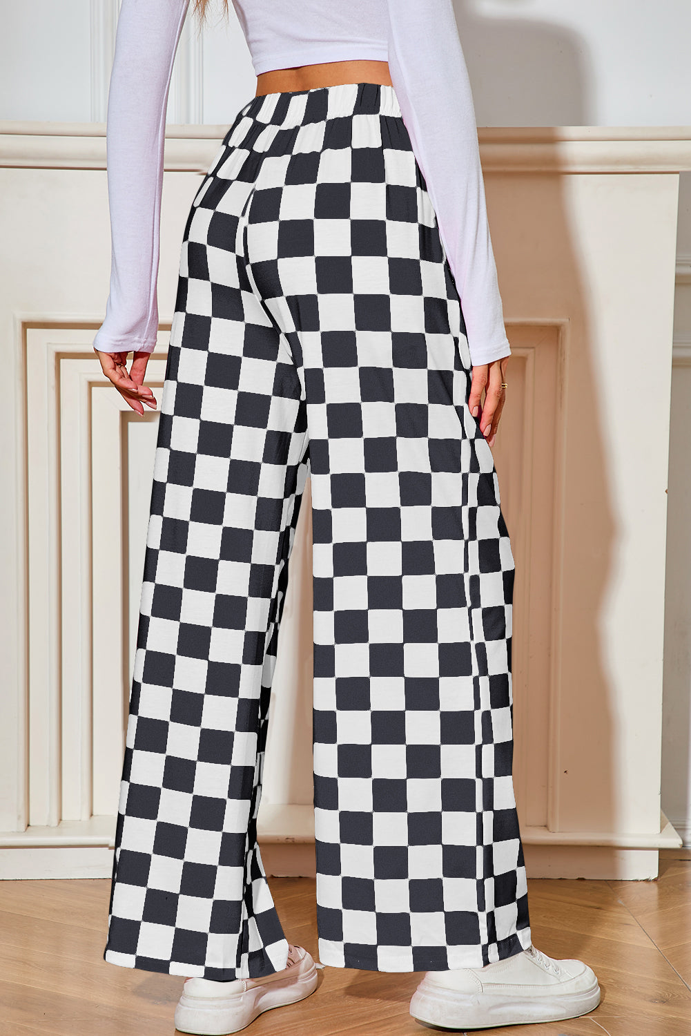 Pantalon large à carreaux noir — taille haute et jambes fluides