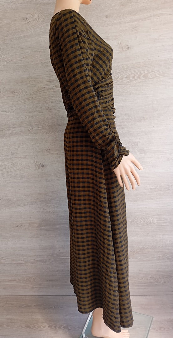 Robe longue manches longues Zara - S - kaki - Très bon état - à carreaux