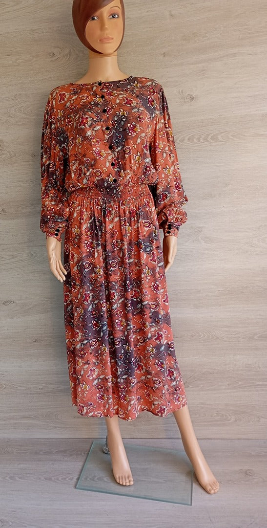 Robe longue manches longues - fleurie - Monoprix - 42 - Orange - Très bon état
