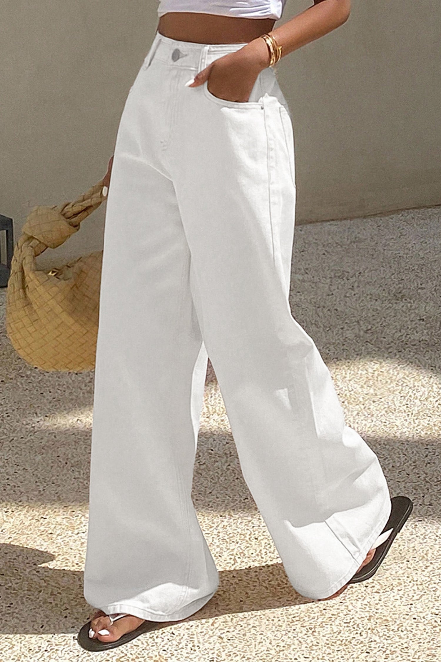 Jean blanc uni — Coupe jambes larges & taille mi-haute