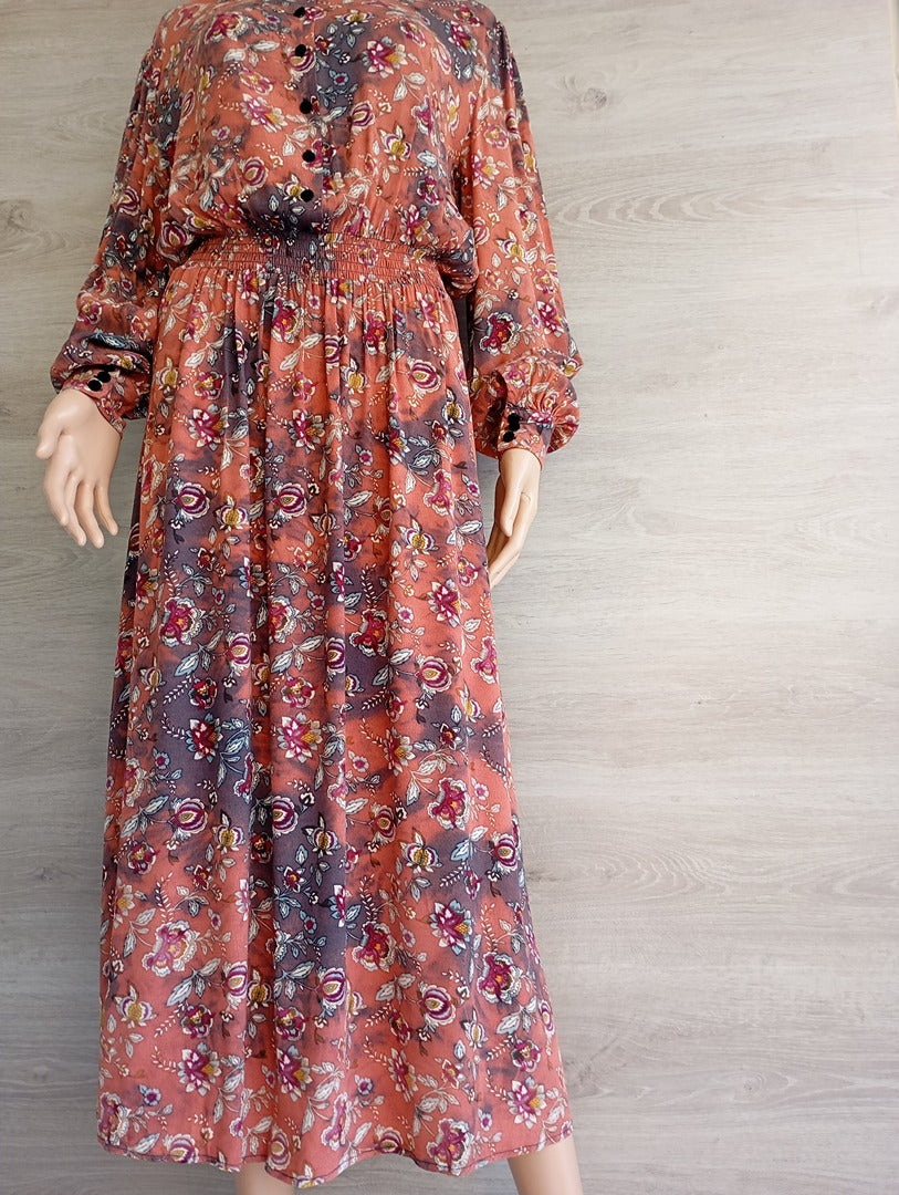 Robe longue manches longues - fleurie - Monoprix - 42 - Orange - Très bon état