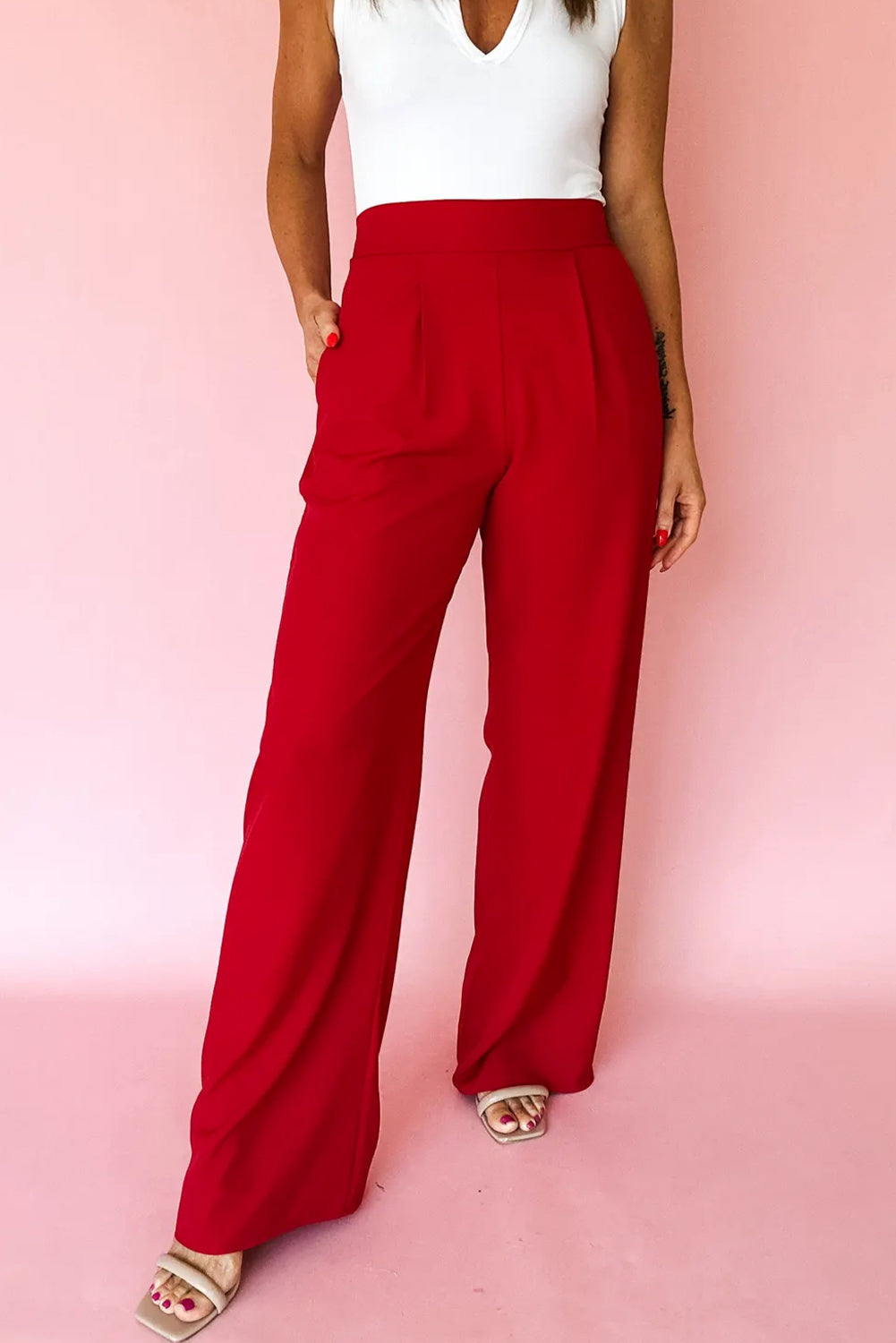 Pantalon Large Plissé Taille Haute – Enfilage Facile | Rouge & Noir