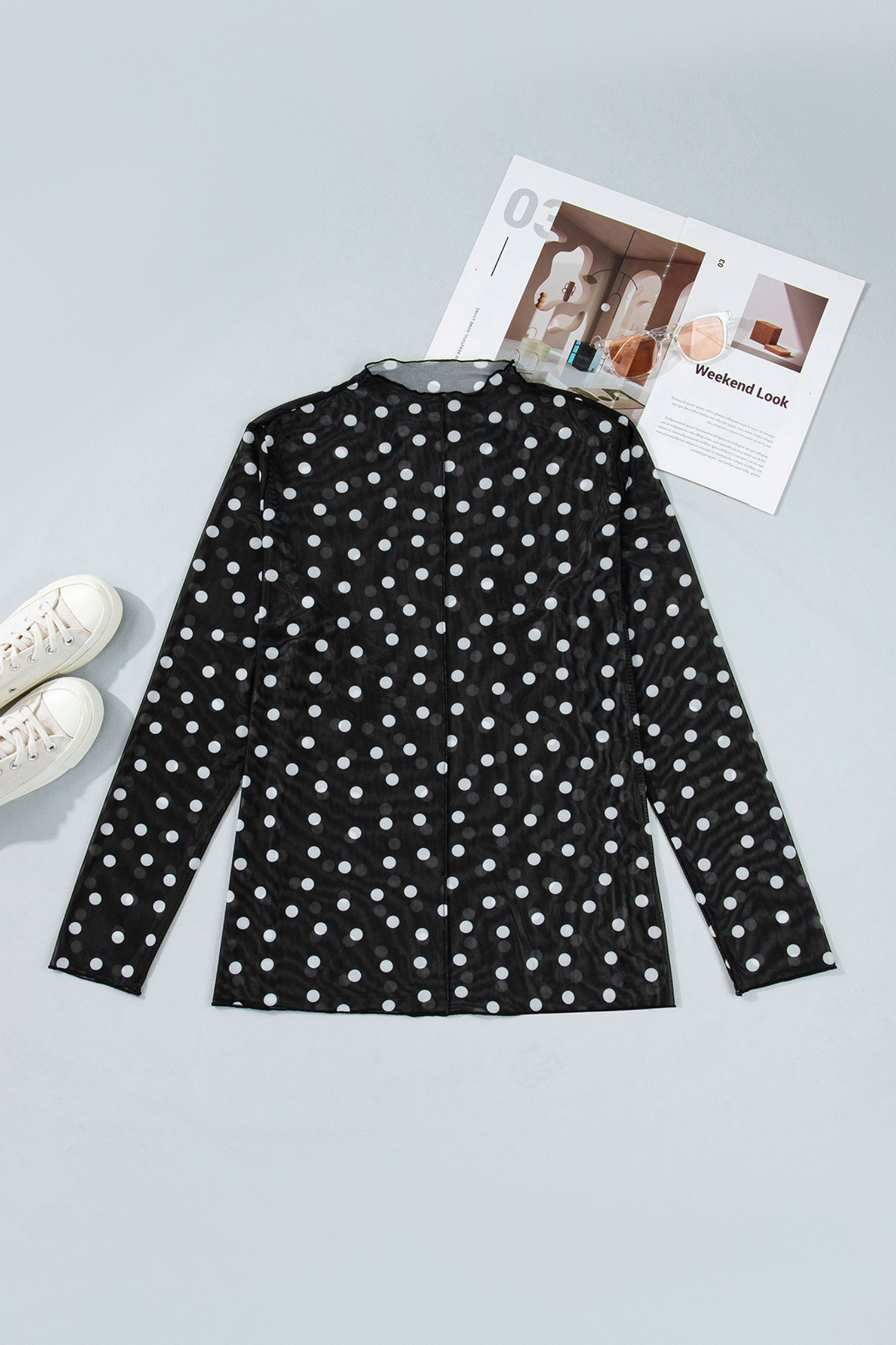 Haut en Maille à Pois Noir — Col Montant & Manches Longues Transparentes Grande Taille