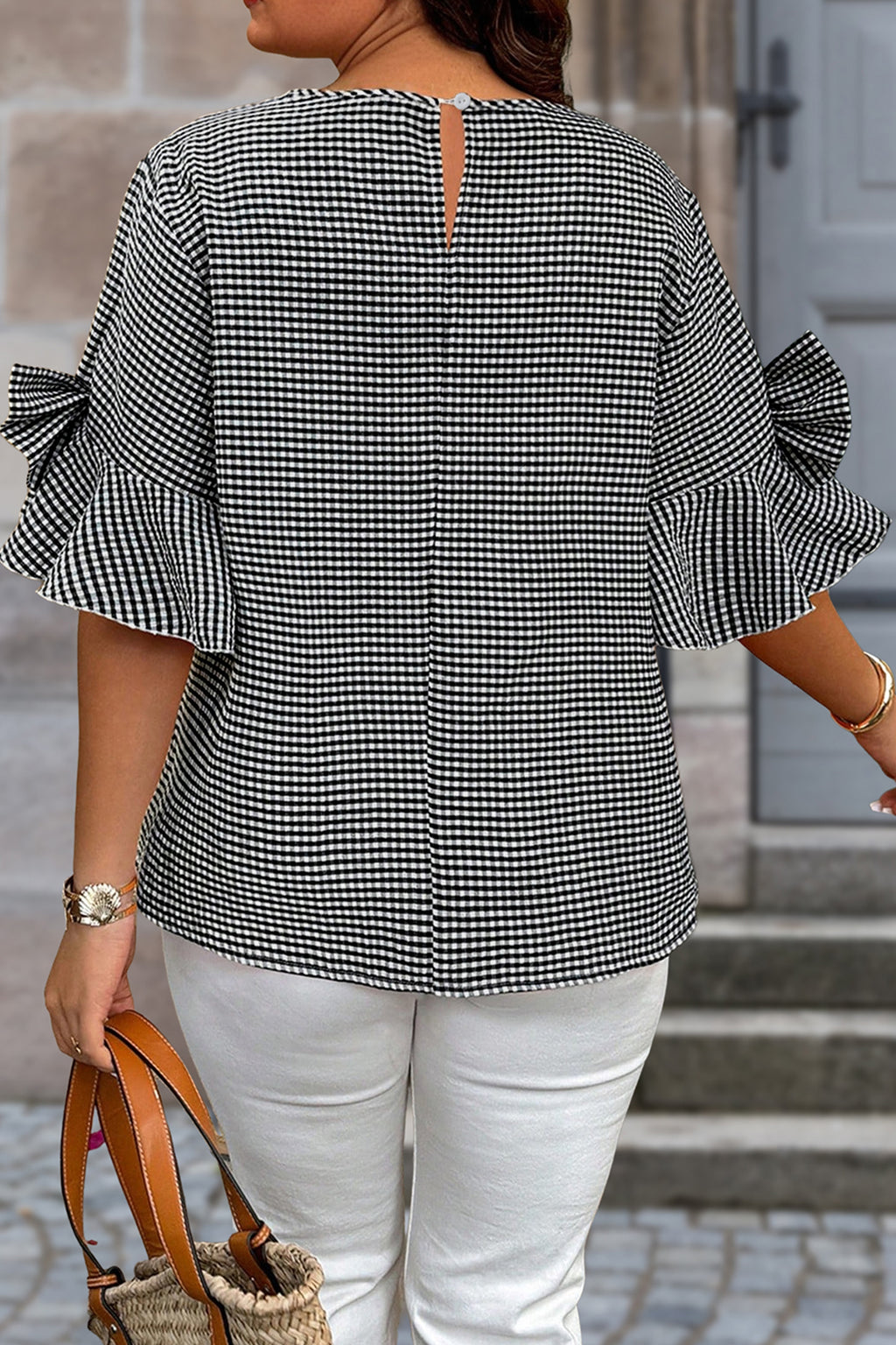 Pull Grande Taille à Carreaux — Nœud Décoratif & Manches Cloche
