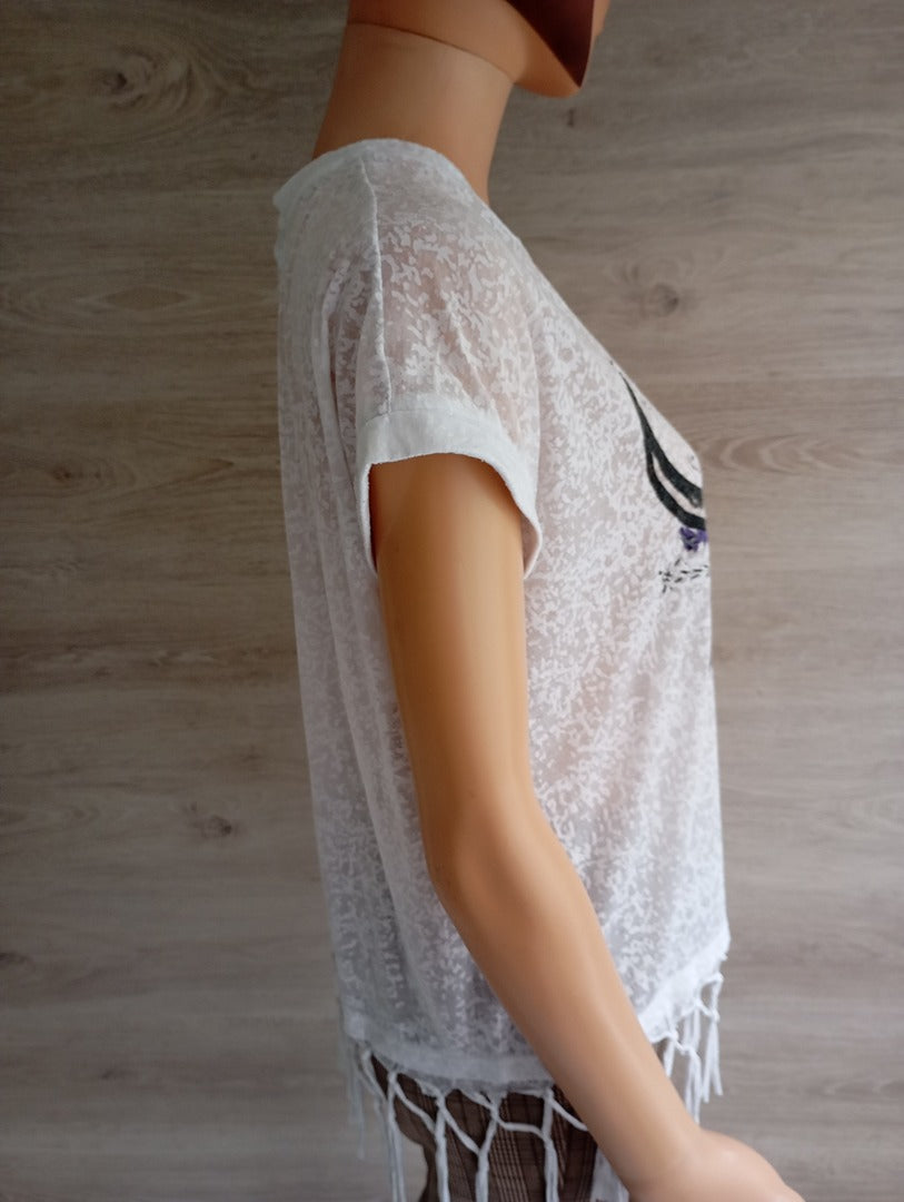 T-shirt blanc à franges & imprimé bohème — Superdry — Taille S — Très bon état