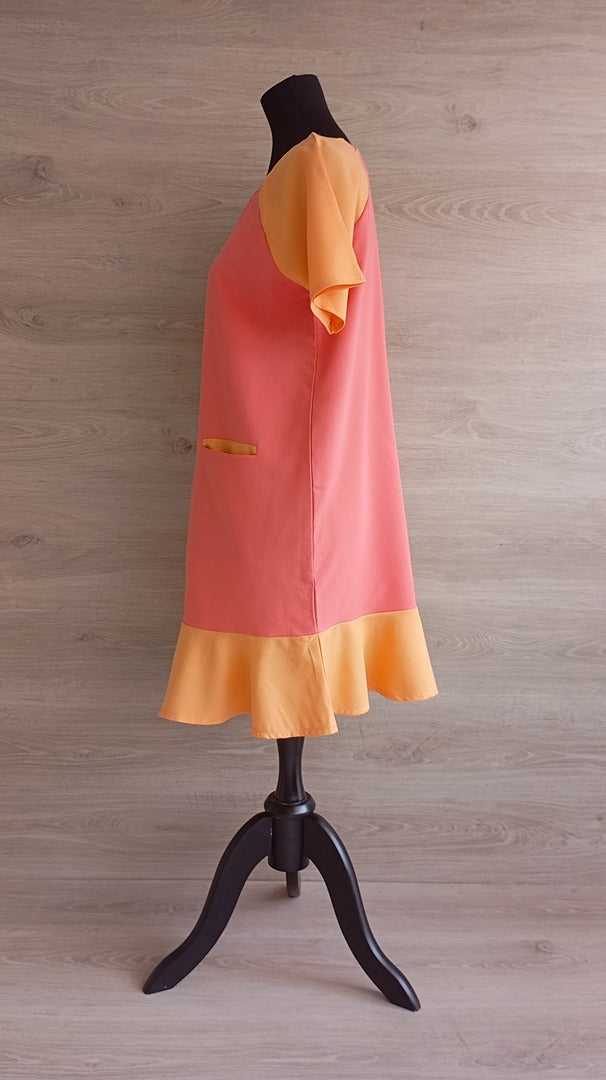 Robe courte manches courtes 🌸 Kling 🌸 L - Rose et orange - Neuf avec étiquette - style vintage