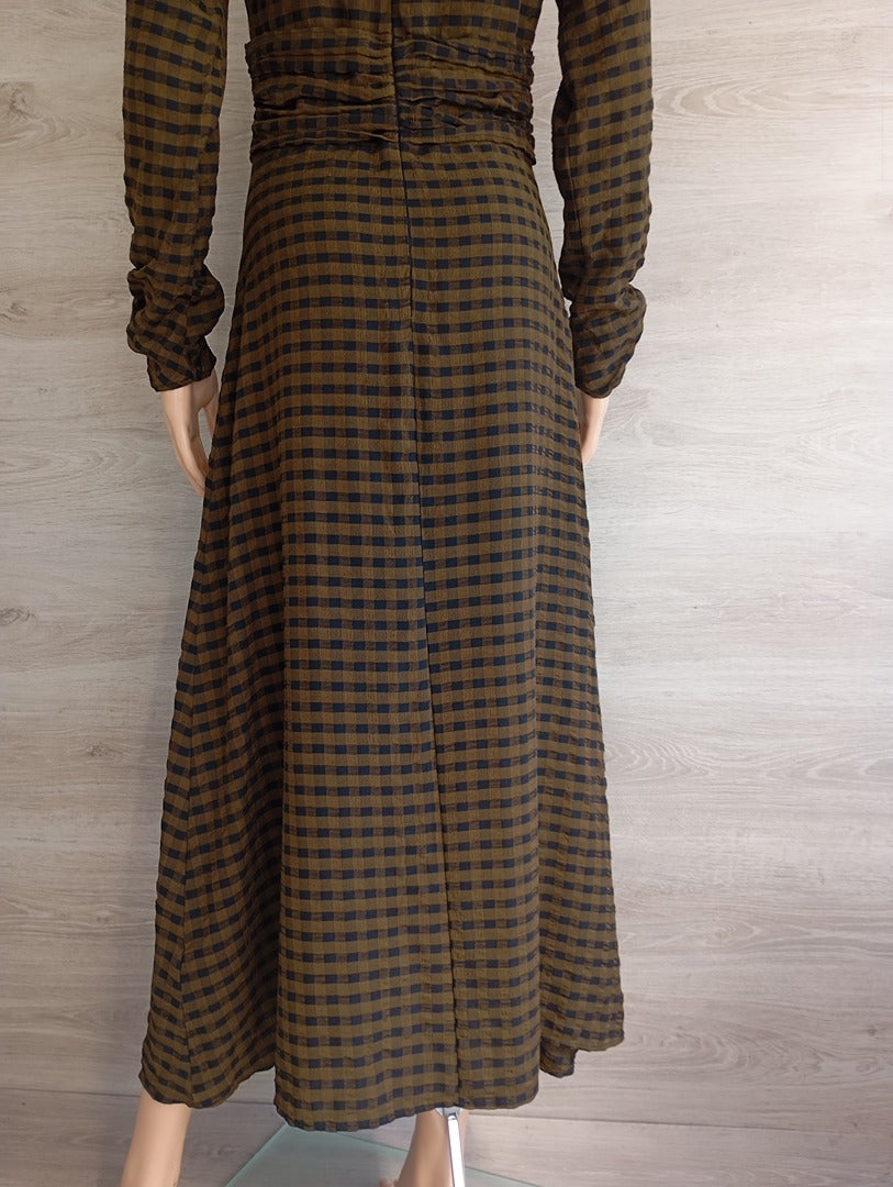 Robe longue manches longues Zara - S - kaki - Très bon état - à carreaux
