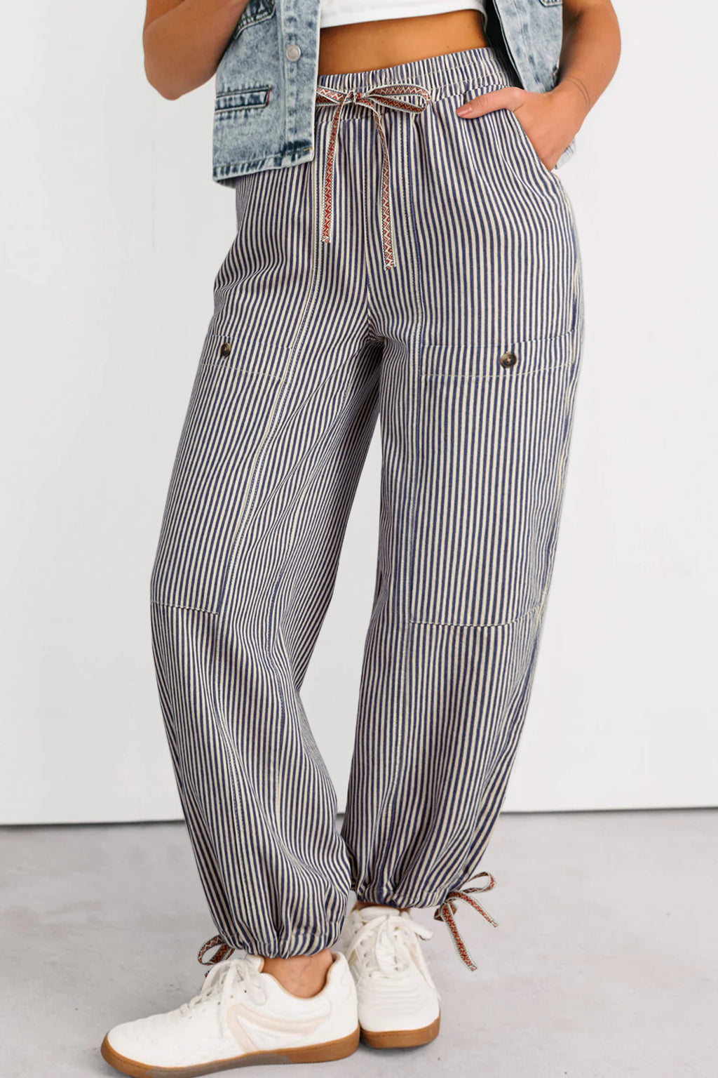 Pantalon Large Rayé – Taille Élastique & Chevilles Ajustables
