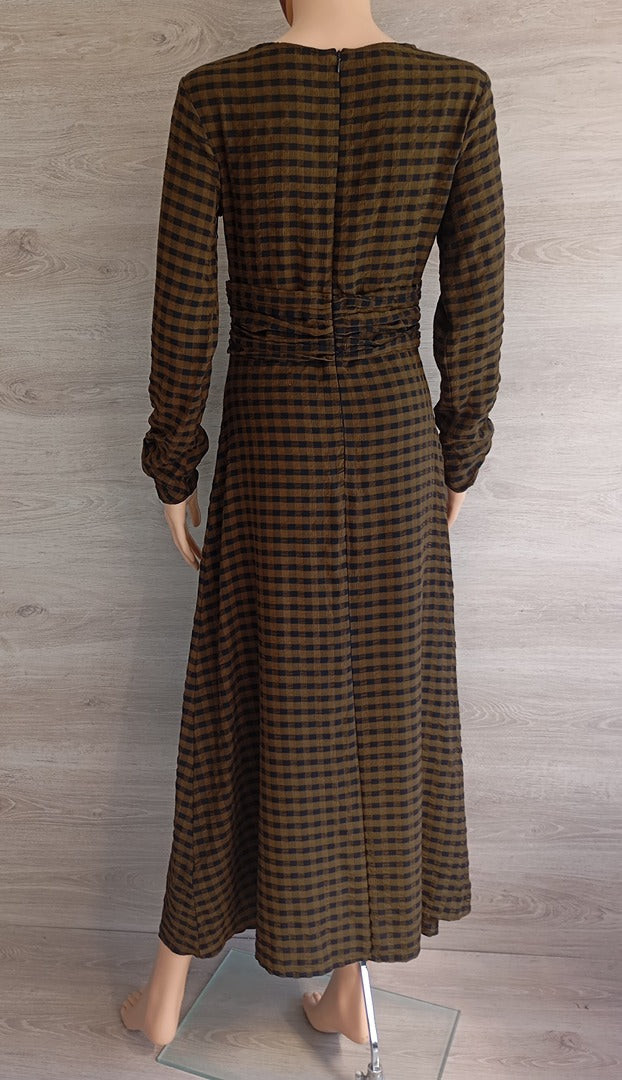 Robe longue manches longues Zara - S - kaki - Très bon état - à carreaux