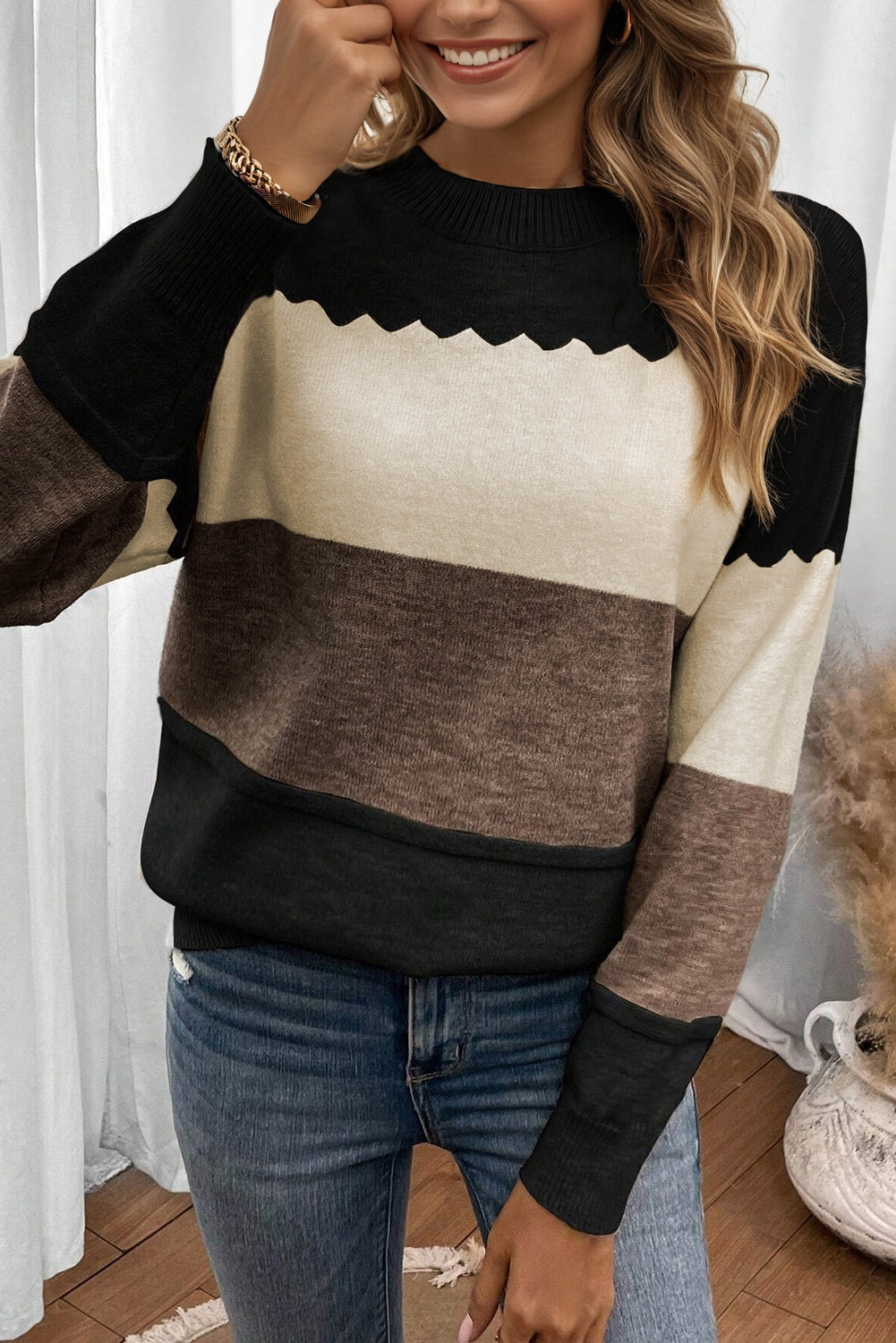 Pull Colorblock Col Rond — Épaules Tombantes
