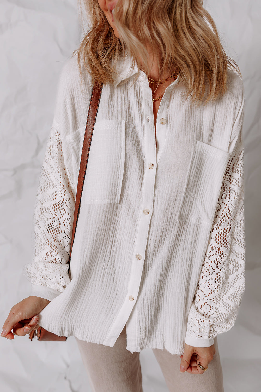 Chemise Gaze de Coton Blanc — Patchwork Dentelle et Manches Longues