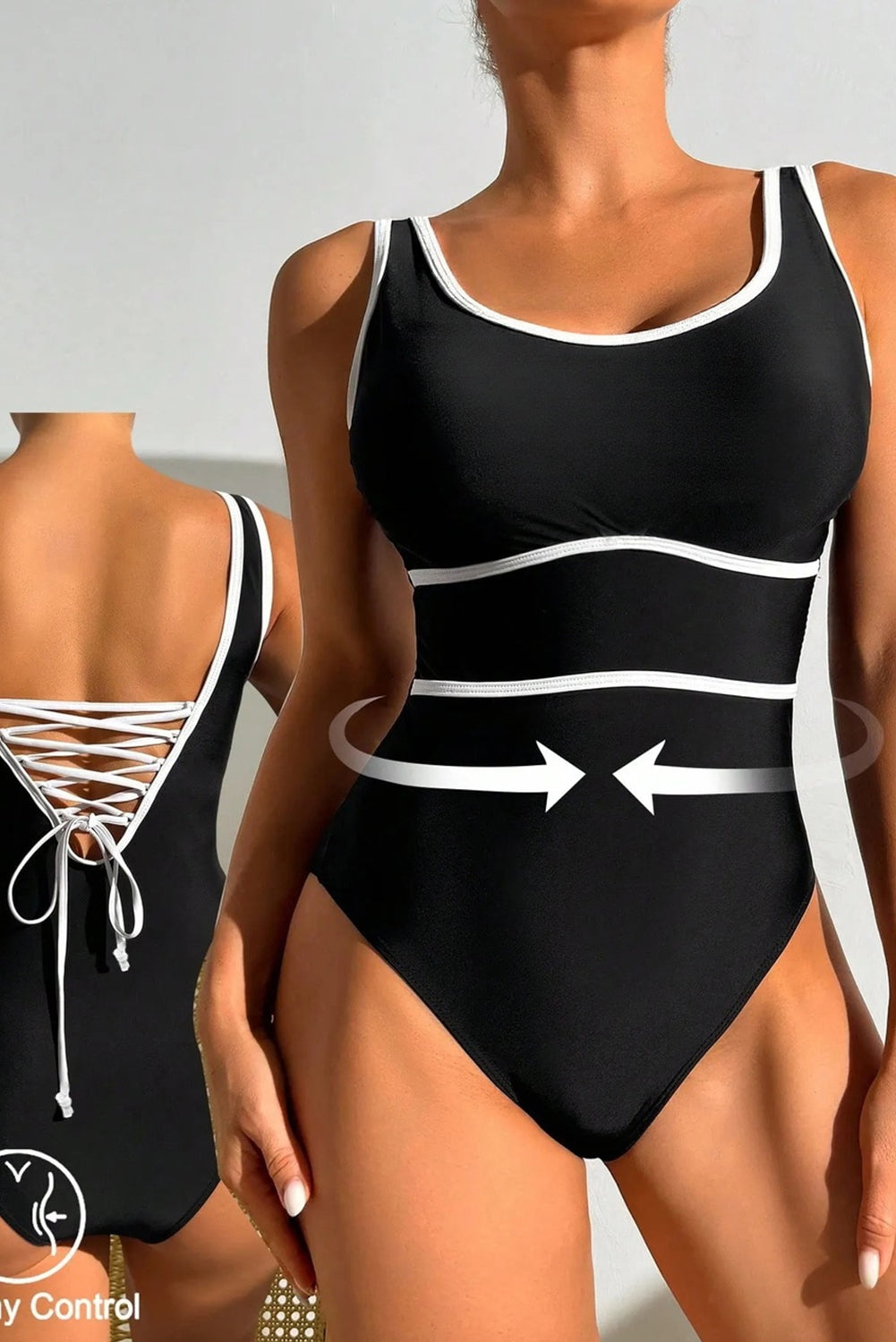 Maillot de bain une pièce bleu marine — Liseré contrastant & dos lacé