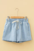 Short en jean rayures bleu ciel — Taille élastique & cordon