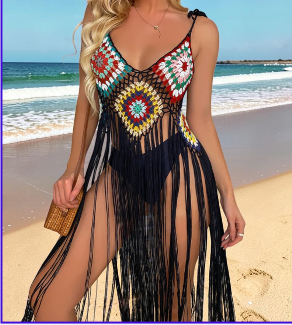 Robe de plage crochet à franges – Tunique bohème sexy – Taille unique