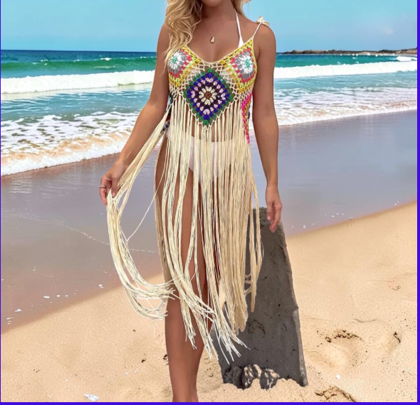 Robe de plage crochet à franges – Tunique bohème sexy – Taille unique