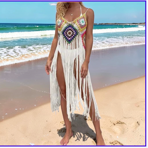 Robe de plage crochet à franges – Tunique bohème sexy – Taille unique