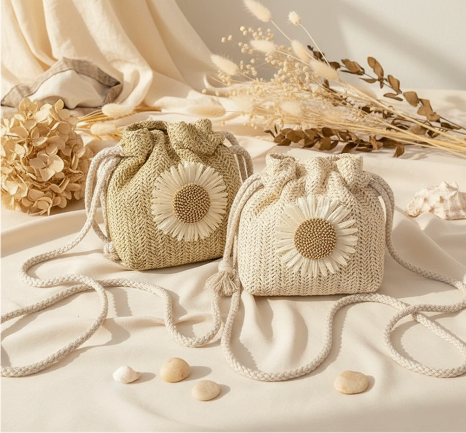 Sac seau en paille – Fleur marguerite tressée – Blanc & Kaki