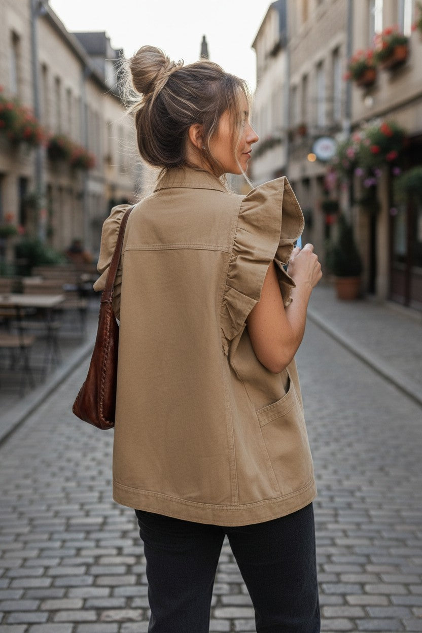 Gilet Denim Volants — Kaki & Vert | Style Parisien Chic
