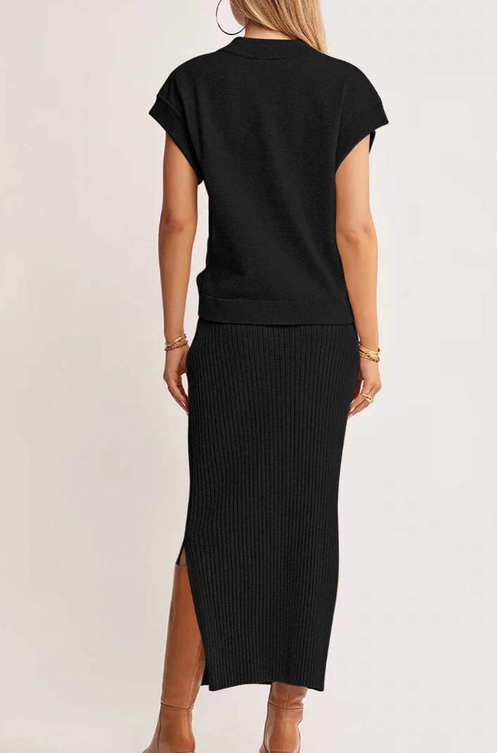 Ensemble 2 Pièces Noir Tricot — Top Dolman & Jupe Longue Fendue