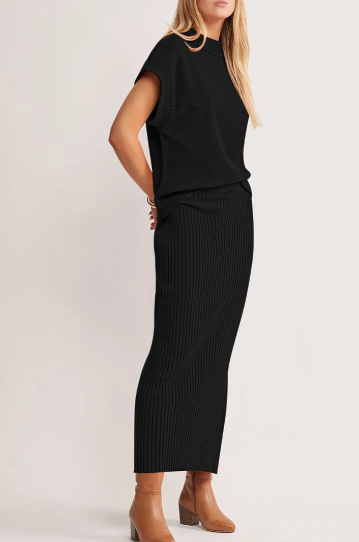 Ensemble 2 Pièces Noir Tricot — Top Dolman & Jupe Longue Fendue