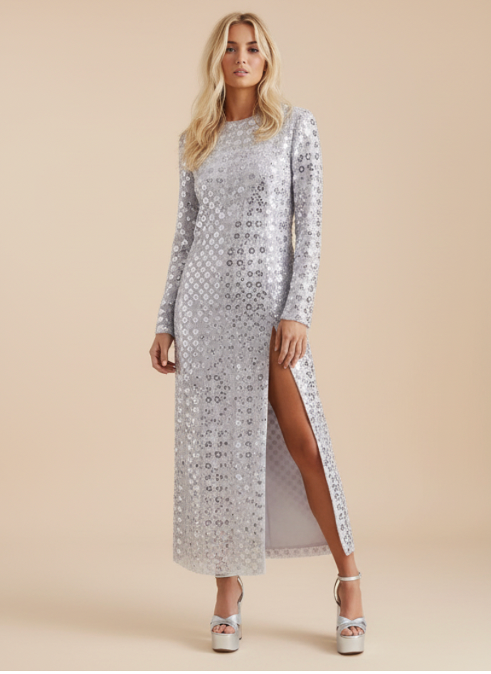 Robe de soirée longues - manches longues - Asos - 34 - Lilas/argent - Neuf avec étiquette