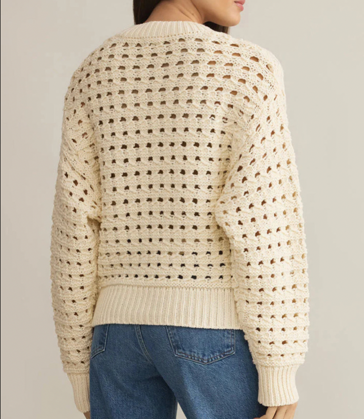 Gilet Beige en Maille Ajourée – Fermeture Éclair, Épaules Tombantes & Manches Longues