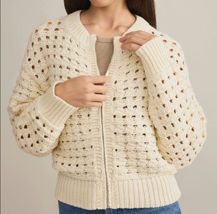 Gilet Beige en Maille Ajourée – Fermeture Éclair, Épaules Tombantes & Manches Longues