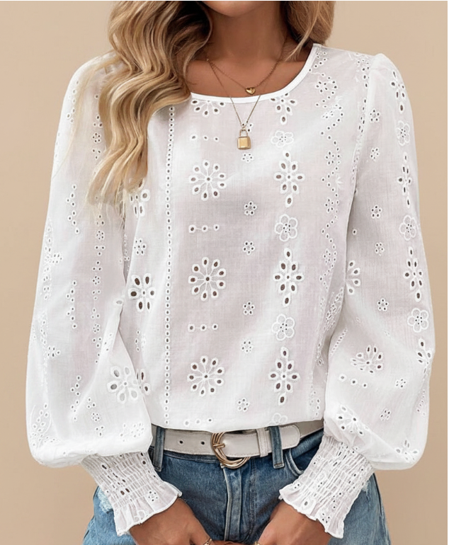 Chemisier Blanc Broderie Œillets — Col Rond et Manches Bouffantes Smockées