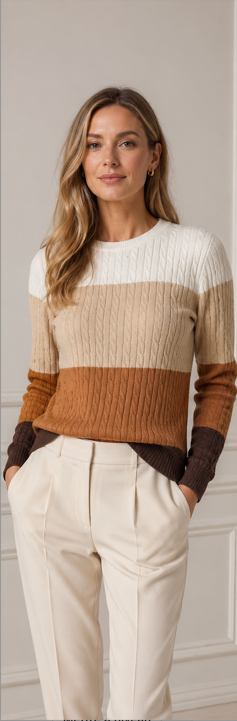 Pull kaki colorblock à maille torsadée et col rond, manches longues