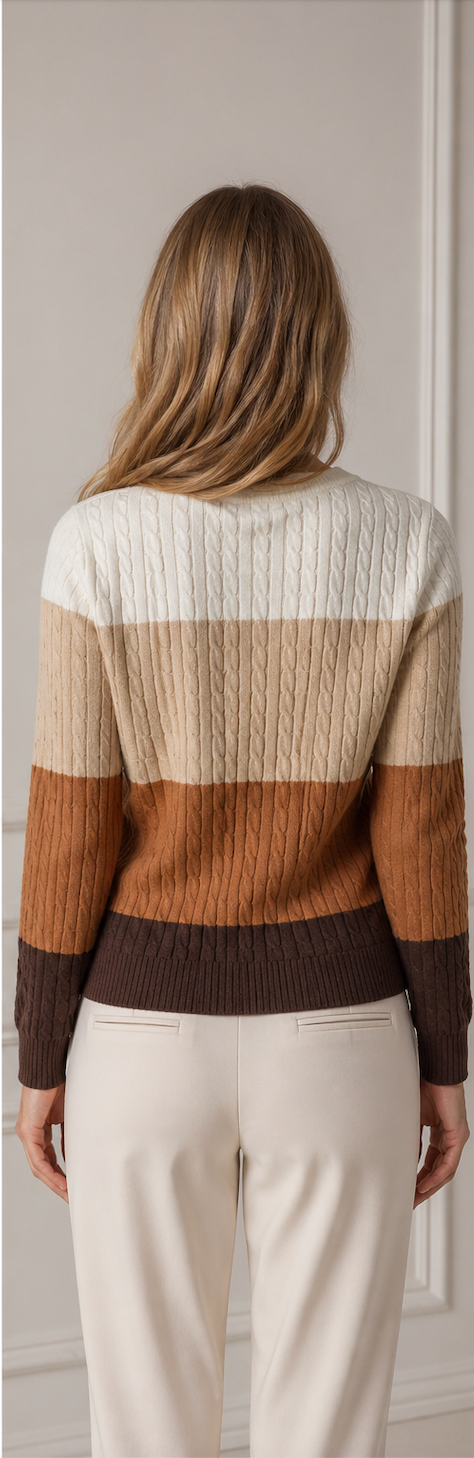 Pull kaki colorblock à maille torsadée et col rond, manches longues