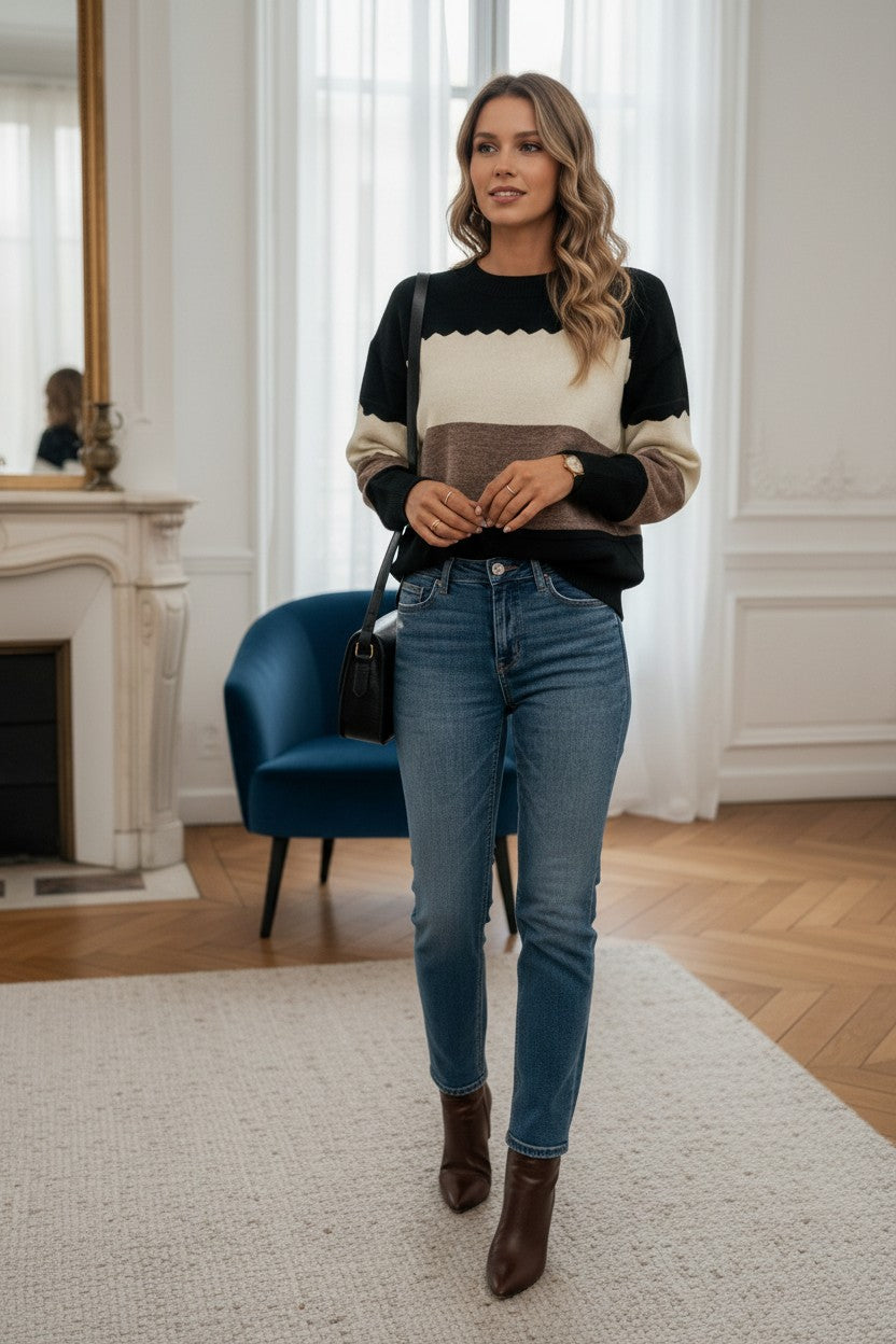 Pull Colorblock Col Rond — Épaules Tombantes