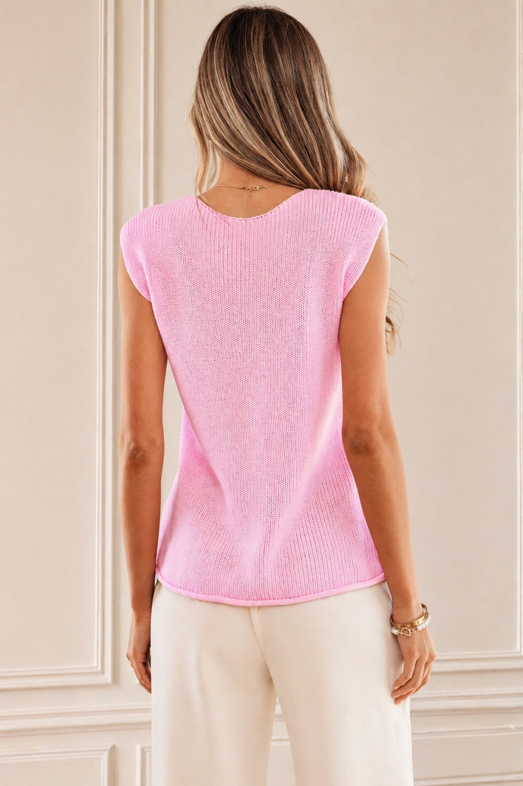 Gilet Sans Manches Rose – Col en V, Boutons & Poches
