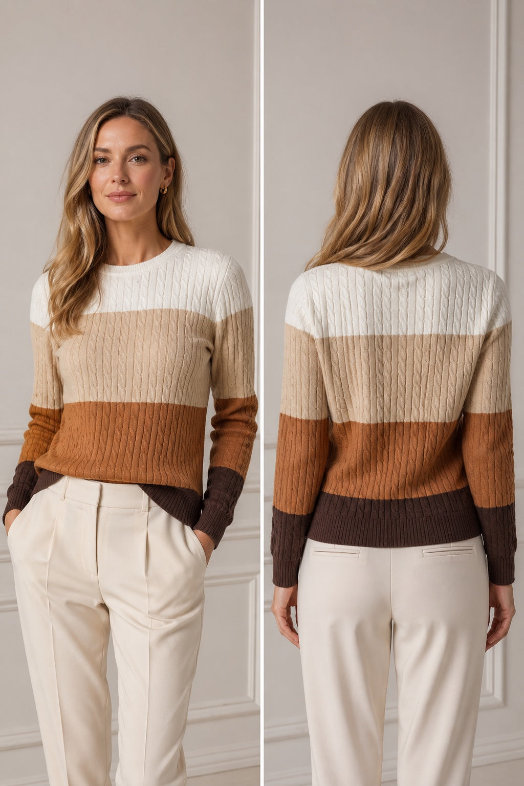 Pull kaki colorblock à maille torsadée et col rond, manches longues