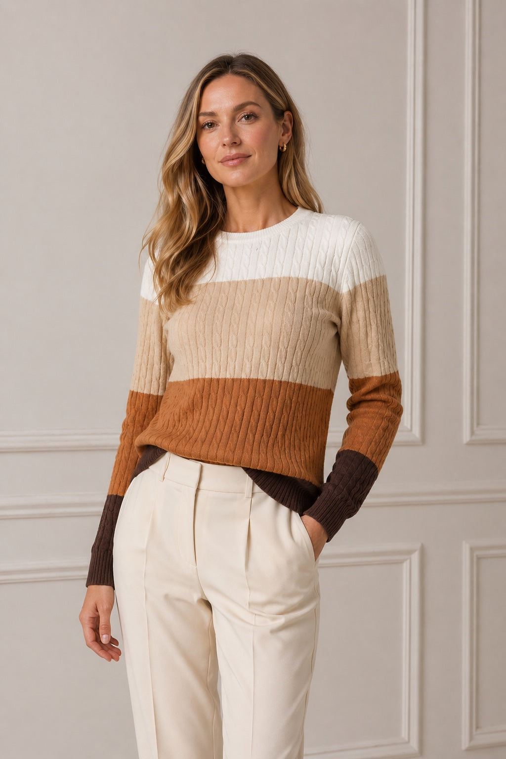 Pull kaki colorblock à maille torsadée et col rond, manches longues